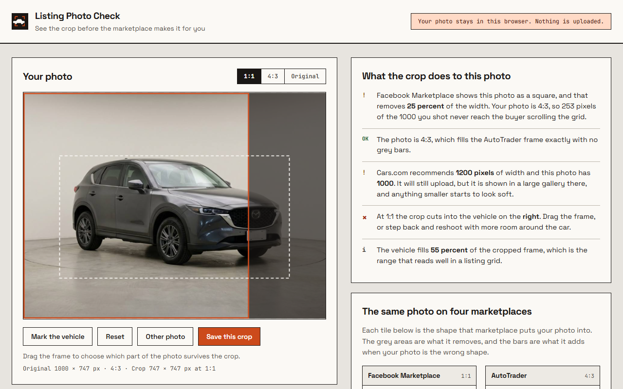 Listing Photo Check showing a vehicle crop warning