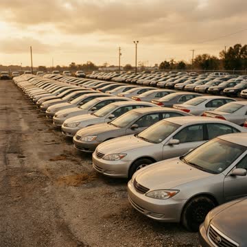 A long row of nearly identical sedans on a dealership lot